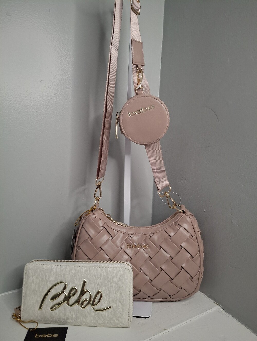 Bebe Blush Woven Crossbody Bag & Zip Around Wallet Set NWT